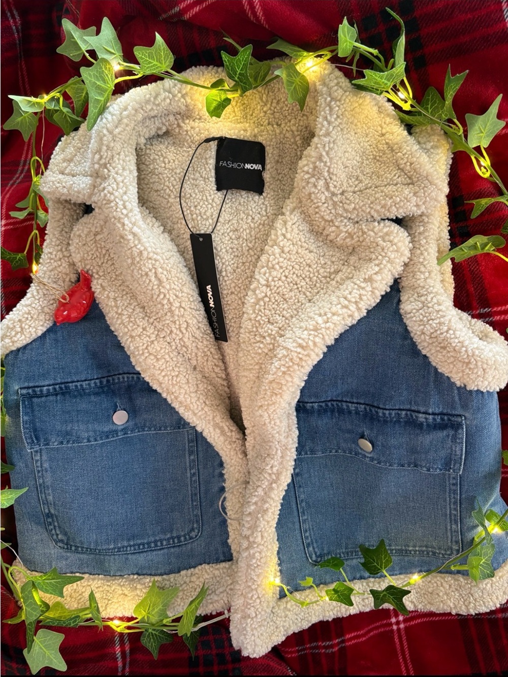 FASHION NOVA NWT Sherpa Denim Vest Medium Oversized Heavyweight 🎥